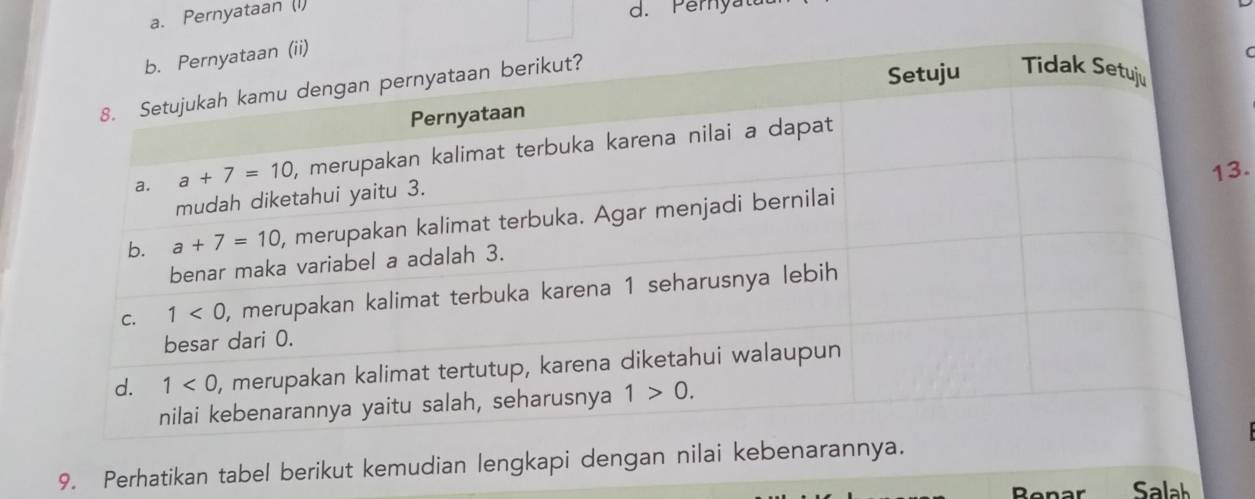 a. Pernyataan (I)
d. Pernyat
3.
9. Perhatikan tabel berikut kemudian lengkapi dengan nilai kebenarannya.
Benar Salah