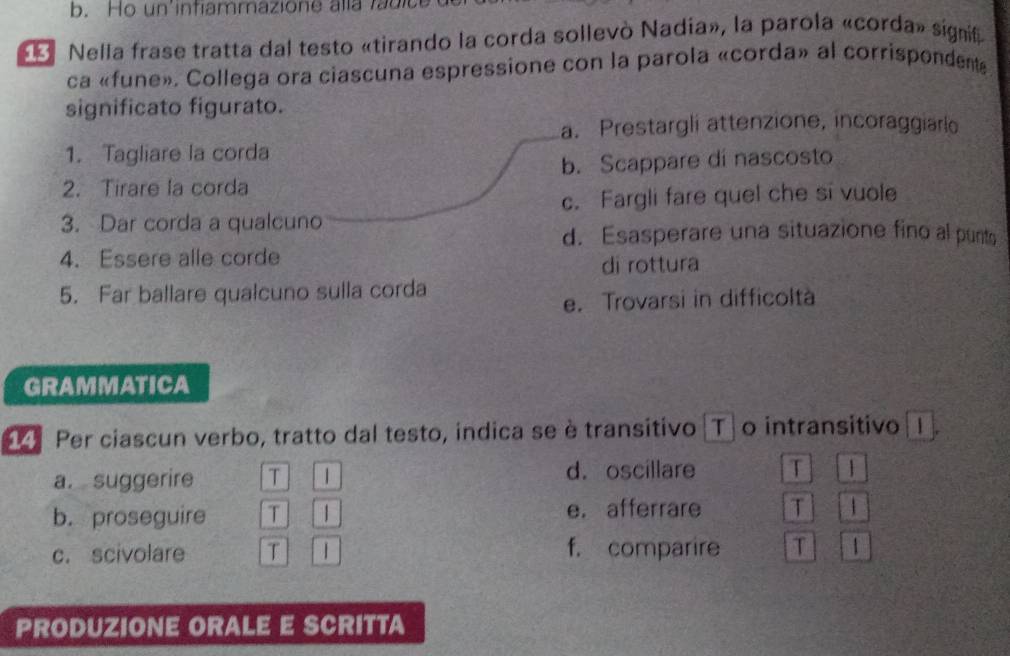 Ho un'intiammazione alla f d i
* Nella frase tratta dal testo «tirando la corda sollevò Nadia», la parola «corda» signif
ca «fune». Collega ora ciascuna espressione con la parola «corda» al corrispondente
significato figurato.
a. Prestargli attenzione, incoraggiarle
1. Tagliare la corda
2. Tirare la corda b. Scappare di nascosto
c. Fargli fare quel che si vuole
3. Dar corda a qualcuno
d. Esasperare una situazione fino al punts
4. Essere alle corde
di rottura
5. Far ballare qualcuno sulla corda
e. Trovarsi in difficoltà
GRAMMATICA
14 Per ciascun verbo, tratto dal testo, indica se è transitivo [T] o intransitivo |I
a. suggerire T | d. oscillare T 1
b. proseguire T | e.afferrare T |
c. scivolare T f. comparire T 1
PRODUZIONE ORALE E SCRITTA