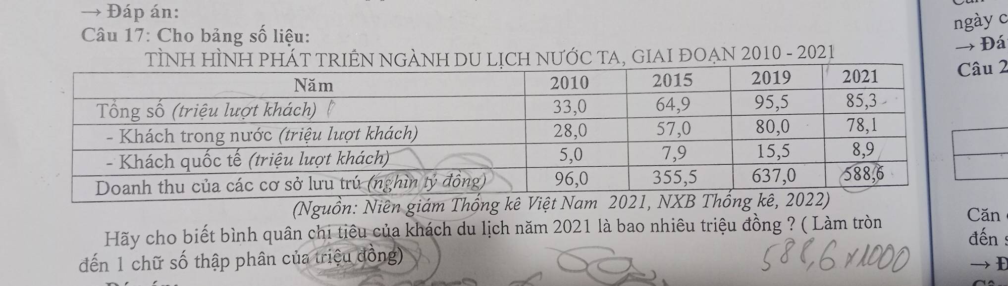 Đáp án: 
ngày c 
Câu 17: Cho bảng số liệu: 
TÌNH HÌNH PHÁT TRIÊN NGÀNH DU LỊCH NƯỚC TA, GIAI ĐOẠN 2010 - 2021 
→ Đá 
âu 2
(Nguồn: Niên giám Thống kê Việt Nam 2021, NXB Thống 
Hãy cho biết bình quân chi tiêu của khách du lịch năm 2021 là bao nhiêu triệu đồng ? ( Làm tròn 
Căn 
đến 
đến 1 chữ số thập phân của triệu đồng) 
I