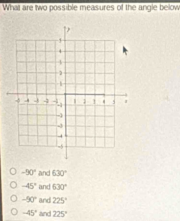 What are two possible measures of the angle below
5
4
3
-1
-5 -4 -3 -1 X 1 2 3 4 5 x
-1
-3
-4
-5
-90° and 630°
-45° and 630°
-90° and 225°
-45° and 225°