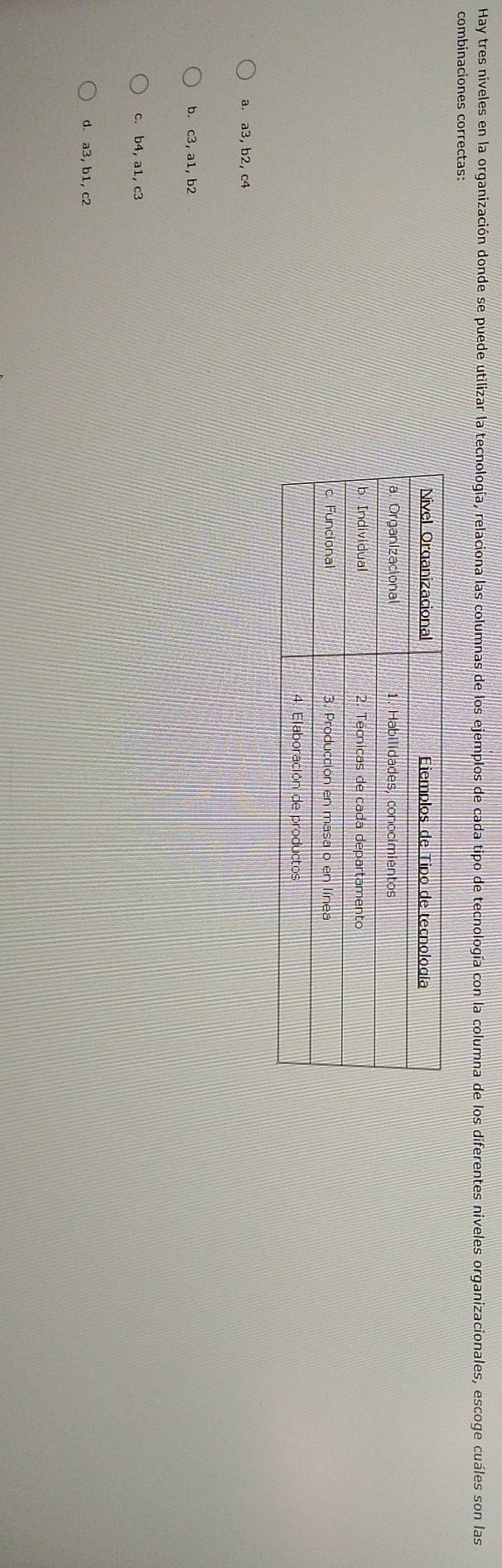 Hay tres niveles en la organización donde se puede utilizar la tecnología, relaciona las columnas de los ejemplos de cada tipo de tecnología con la columna de los diferentes niveles organizacionales, escoge cuáles son las
combinaciones correctas:
a. a3, b2, c4
b. c3, a1, b2
c. b4, a1, c3
d. a3, b1, c2