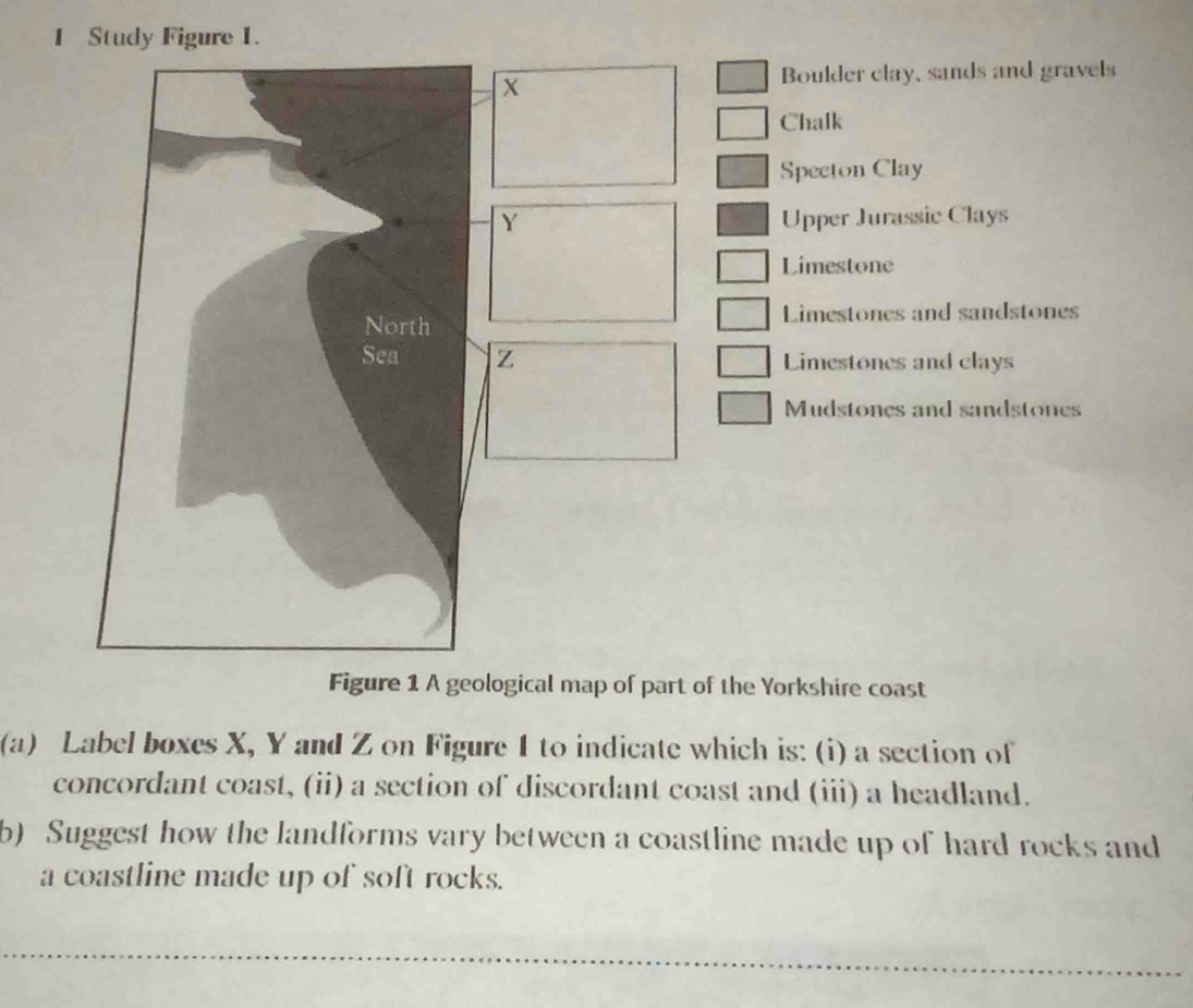 Study Figure 1.
x
Boulder clay, sands and gravels
Chalk
Specton Clay
Y Upper Jurassic Clays
Limestone
Limestones and sandstones
z Limestones and clays
Mudstones and sandstones
Figure 1 A geological map of part of the Yorkshire coast
(a) Label boxes X, Y and Z on Figure 1 to indicate which is: (i) a section of
concordant coast, (ii) a section of discordant coast and (iii) a headland.
b) Suggest how the landforms vary between a coastline made up of hard rocks and
a coastline made up of soft rocks.