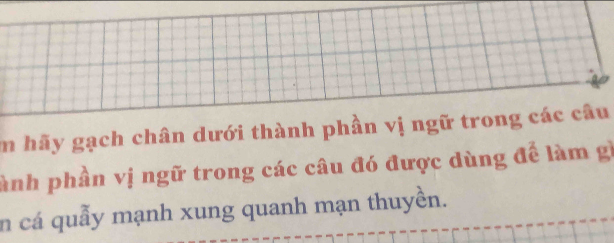 In hãy gạch chân dưới thành phần vị ngữ trong các câu 
ành phần vị ngữ trong các câu đó được dùng để làm gỉ 
n cá quảy mạnh xung quanh mạn thuyền.