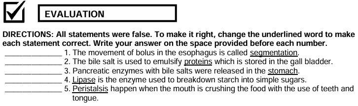 EVALUATION 
DIRECTIONS: All statements were false. To make it right, change the underlined word to make 
each statement correct. Write your answer on the space provided before each number. 
_1. The movement of bolus in the esophagus is called segmentation 
_2. The bile salt is used to emulsify proteins which is stored in the gall bladder. 
_3. Pancreatic enzymes with bile salts were released in the stomach. 
_4. Lipase is the enzyme used to breakdown starch into simple sugars. 
_5. Peristalsis happen when the mouth is crushing the food with the use of teeth and 
tongue.