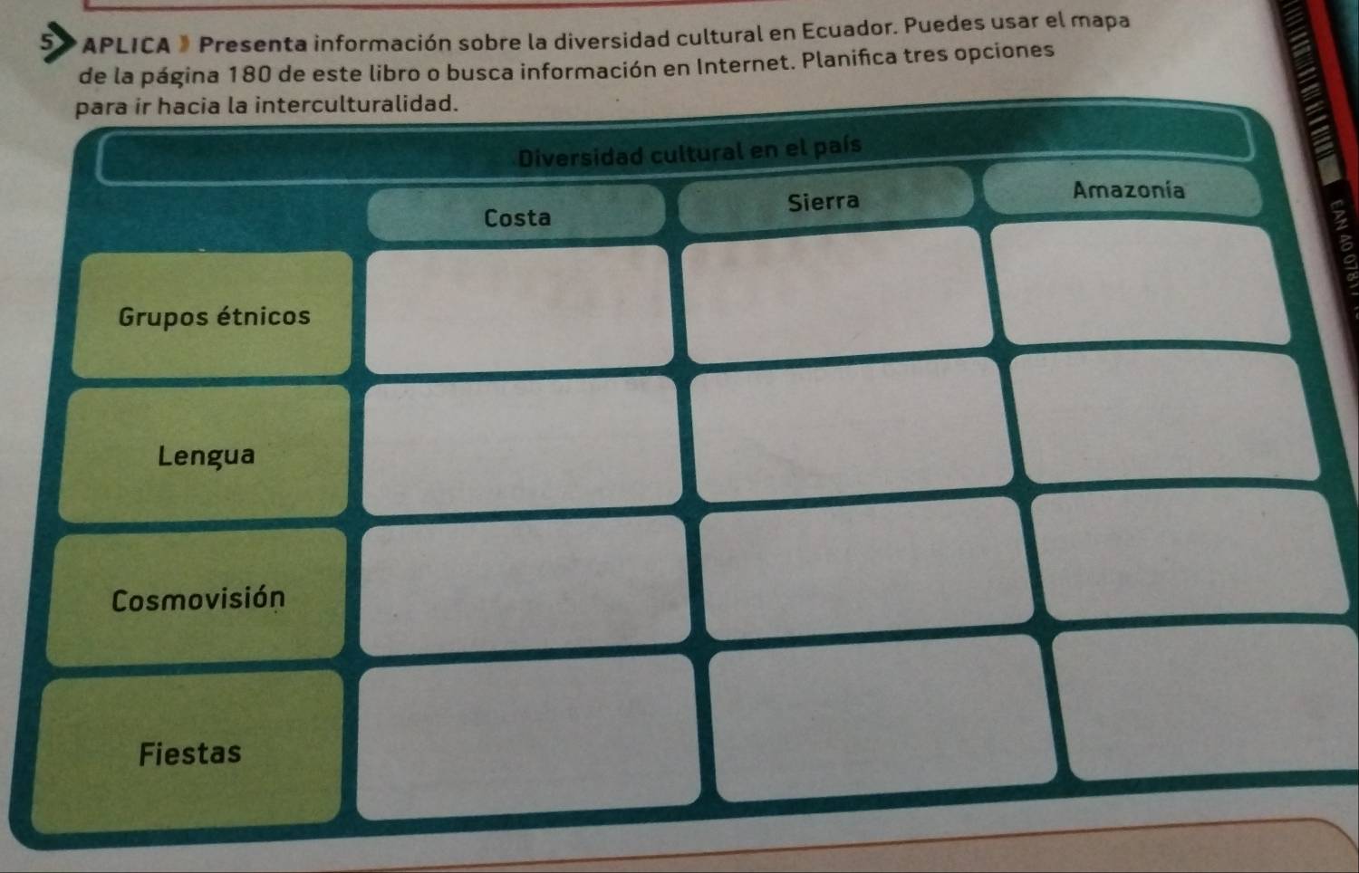 5 *APLICA » Presenta información sobre la diversidad cultural en Ecuador. Puedes usar el mapa 
libro o busca información en Internet. Planifca tres opciones