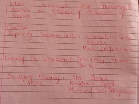 Wat a paingragh using transitional 
devices o Needs of Learners of 
English 
Outline 
Improving listening skills: comedies Scap 
operas 
News programmer 
learning new vocabulay. The Daily Minet 
The sun 
Developing Reading : Story Books 
SKills Re bler's Dgest 
Wamew's Mea Magaoice