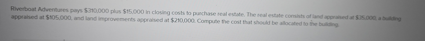 Riverboat Adventures pays $310,000 plus $15,000 in closing costs to purchase real estate. The real estate consists of land appraised at $35,000, a building 
appraised at $105,000, and land improvements appraised at $210,000. Compute the cost that should be allocated to the building.