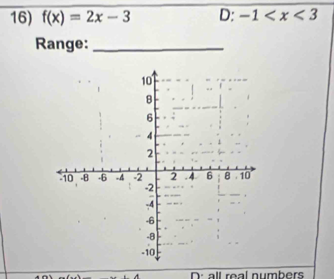 f(x)=2x-3 D: -1
Range:_
D: all real numbers