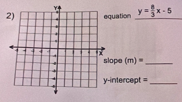 quation y= 8/3 x-5 _ 
ope (m)= _ 
-intercept =_