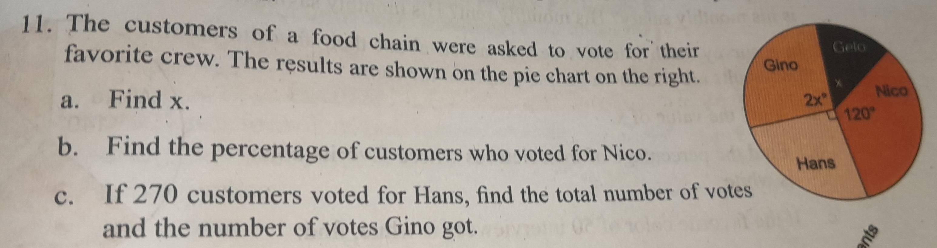 The customers of a food chain were asked to vote for their
favorite crew. The results are shown on the pie chart on the right.
a. Find x. 
b. Find the percentage of customers who voted for Nico.
c. If 270 customers voted for Hans, find the total number of vo
and the number of votes Gino got.