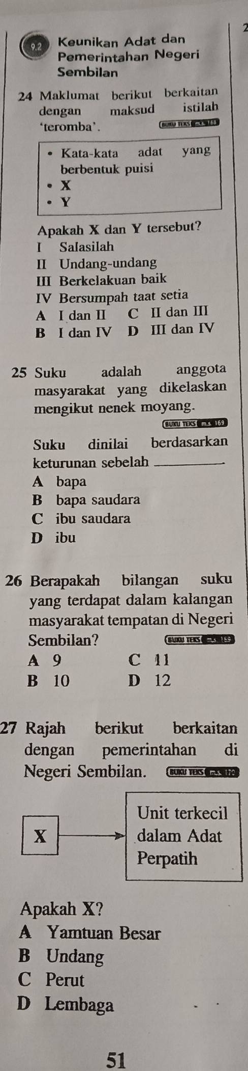 9.2 Keunikan Adat dan
Pemerintahan Negeri
Sembilan
24 Maklumat berikut berkaitan
dengan maksud istilab
‘teromba’.
Uru TKs 
Kata-kata adat yang
berbentuk puisi
x
Y
Apakah X dan Y tersebut?
I Salasilah
II Undang-undang
III Berkelakuan baik
IV Bersumpah taat setia
A I dan I C I dan ⅢI
B I dan IV D III dan IV
25 Suku adalah anggota
masyarakat yang dikelaskan
mengikut nenek moyang.
BUKU TEKS MEy 3
Suku dinilai berdasarkan
keturunan sebelah_
A bapa
B bapa saudara
C ibu saudara
D ibu
26 Berapakah bilangan suku
yang terdapat dalam kalangan
masyarakat tempatan di Negeri
Sembilan? SUXU TEKS 
A 9 C 11
B 10 D 12
27 Rajah berikut berkaitan
dengan pemerintahan di
Negeri Sembilan. BUKU TEKS 
Unit terkecil
x dalam Adat
Perpatih
Apakah X?
A Yamtuan Besar
B Undang
C Perut
D Lembaga
51