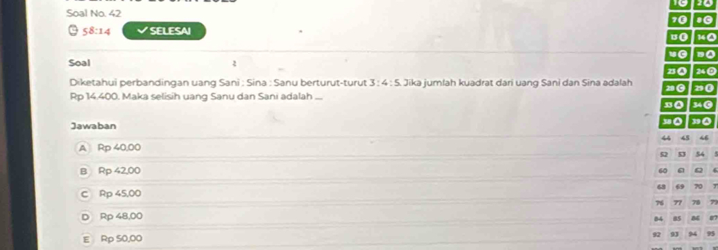 10 20
Soal No. 42
70 s0
58:14 SELESAI 130 140
1G 1o
Soal 2 24
Bo
Diketahui perbandingan uang Sani : Sina : Sanu berturut-turut 3:4:5 Jika jumlah kuadrat dari uang Sani dan Sina adalah 280 290
Rp 14.400. Maka selisih uang Sanu dan Sani adalah
30 340
Jawaban 380 390
44 45 46
A Rp 40,00
52 53 54
B Rp 42,00 60 ω Q
C Rp 45,00 68 69 70 ,
76 77 78 7
D Rp 48,00
B4 85 86 07
E Rp 50,00 92 93 94 95