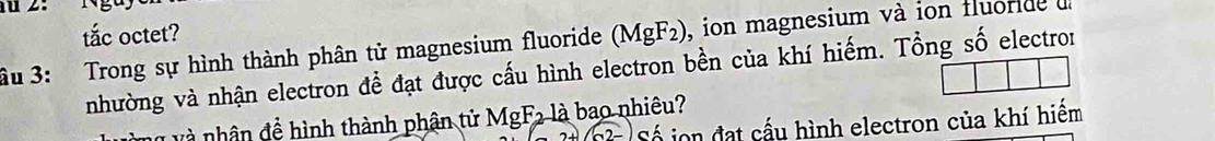 uz: 
tắc octet? 
ầu 3: Trong sự hình thành phân tử magnesium fluoride (MgF_2) , ion magnesium và ion fluor de d 
nhường và nhận electron để đạt được cấu hình electron bền của khí hiếm. Tổng số electror 
v v à nhân đề hình thành phân tử MgF_2la 2+(2-)c6 bao nhiêu? 
ion đạt cấu hình electron của khí hiểm