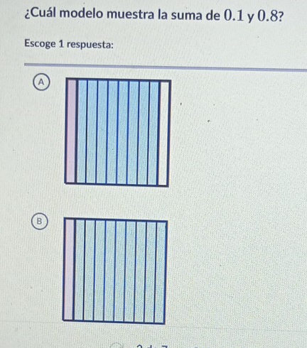 ¿Cuál modelo muestra la suma de 0.1 y 0.8?
Escoge 1 respuesta:
A
B