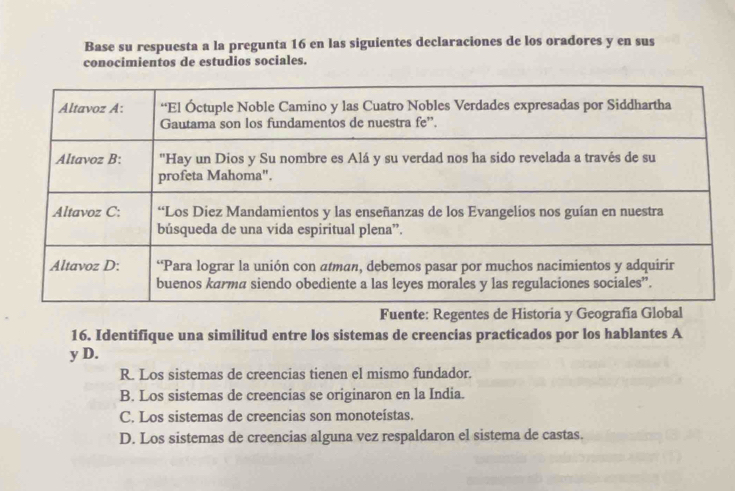 Base su respuesta a la pregunta 16 en las siguientes declaraciones de los oradores y en sus
conocimientos de estudios sociales.
16. Identifique una similitud entre los sistemas de creencias practicados por los hablantes A
y D.
R. Los sistemas de creencias tienen el mismo fundador.
B. Los sistemas de creencias se originaron en la India.
C. Los sistemas de creencias son monoteístas.
D. Los sistemas de creencias alguna vez respaldaron el sistema de castas.