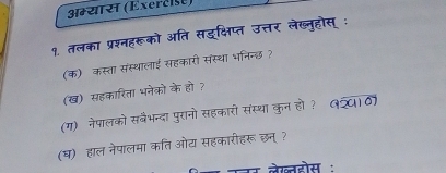 अम्यास (Exercise) 
१. तलका प्रश्नहरूको अति सद्क्षिप्त उत्तर लेख्नुहोस् : 
(क) कस्ता संस्थालाई सहकारी संस्था भनिन्छ ? 
(ख) सहकारिता भनेको के हो ? 
(ग) नेपालको सवैभन्दा पुरानो सहकारो संस्था कुन हो? लटवाठ 
(घ)हाल नेपालमा कति ओट सहकारीहरू छन् ? 
लेख्लहोस :