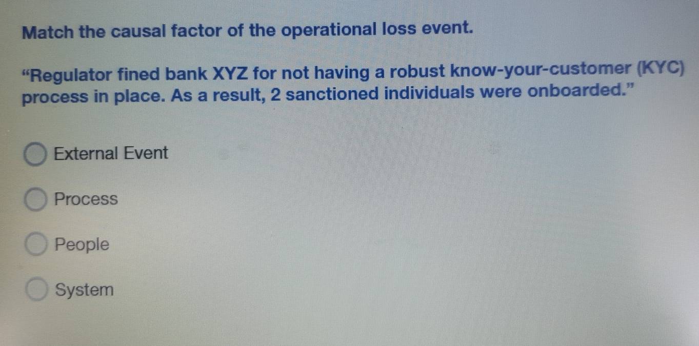 Match the causal factor of the operational loss event.
“Regulator fined bank XYZ for not having a robust know-your-customer (KYC)
process in place. As a result, 2 sanctioned individuals were onboarded.”
External Event
Process
People
System