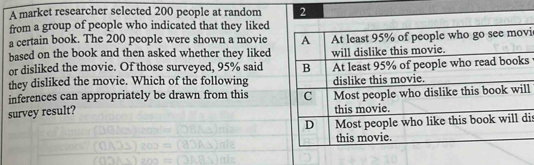 A market researcher selected 200 people at random 
from a group of people who indicated that they liked 
a certain book. The 200 people were shown a moviei 
based on the book and then asked whether they liked 
or disliked the movie. Of those surveyed, 95% saids 
they disliked the movie. Which of the following 
inferences can appropriately be drawn from this 
survey result? l 
is