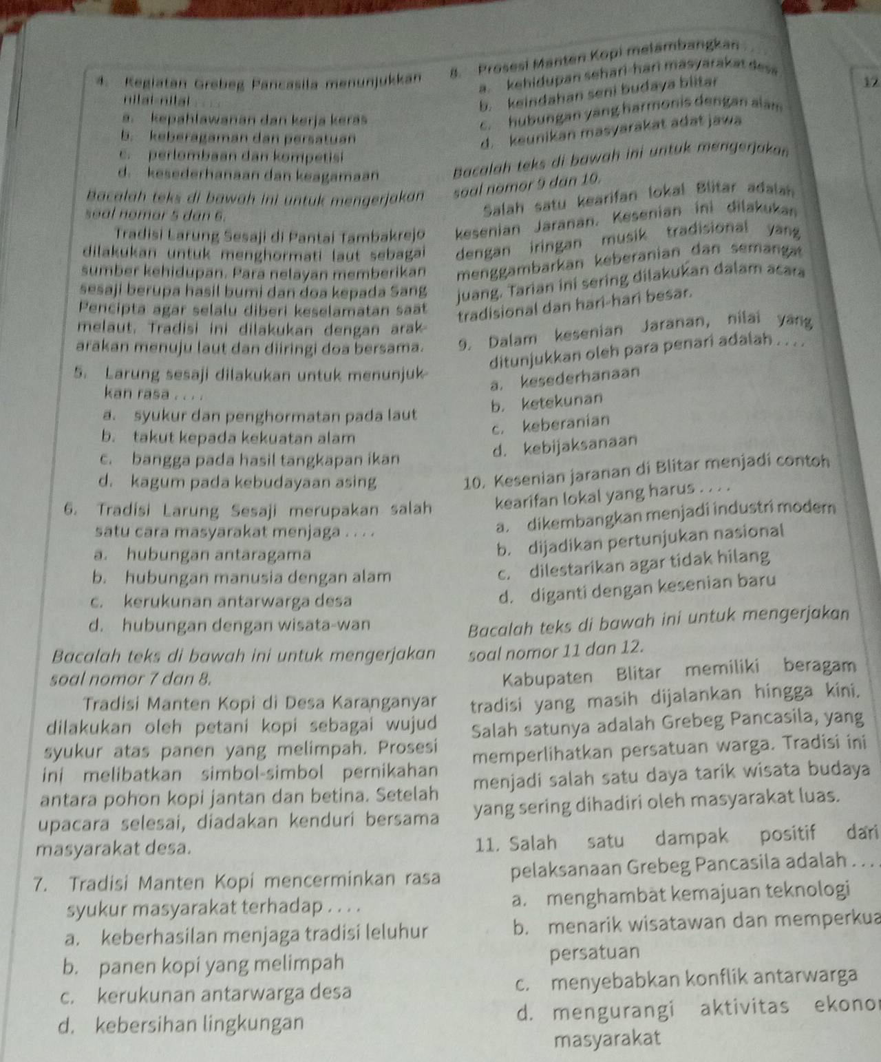 Regiatan Grebeg Pancasila menunjukkan 8. Prosesi Manten Kopi melambangkan
a. kehidupan sehaɾi-haɾī masyarakat desa
17
nilai nilai
b. keindahan seni budaya blitar
a. kepahlawanan dan kerja keras
c. hubungan yang harmonis dengan alam
b. keberagamán dan persatuan
d. keunikan masyarakat adat jawa
c. perlombaan dan kompetisi
d. kesederhanaan dan keagamaan
Bacalah teks di bawah ini untuk mengerjaka
Bacalah teks di bawah ini untuk mengerjakan soal nomor 9 dan 10.
soal nomar 5 dan 6.
Salah satu kearifan lokal Blitar adalah
Tradisi Larung Sesaji di Pantai Tambakrejo kesenian Jaranan. Kesenian ini dilakukan
dilakukan untuk menghormati laut sebagai dengan iringan musik tradisional yang 
sumber kehidupan. Para nelayan memberikan menggambarkän keberanian dan semangä
sesaji berupa hasil bumi dan doa kepada Sang juang. Tarian ini sering dilakukan dalam acara
Pencipta agar selalu diberi keselamatan sat
tradisional dan hari-hari besar.
melaut. Tradisi ini dilakukan dengan arak
arakan menuju laut dan diiringi doa bersama. 9. Dalam kesenian Jaranan, nilai yang
ditunjukkan oleh para penari adalah .. . . .
5. Larung sesaji dilakukan untuk menunjuk
a. kesederhanaan
kan rasa . . . .
b. ketekunan
a. syukur dan penghormatan pada laut
c. keberanian
b. takut kepada kekuatan alam
d. kebijaksanaan
c. bangga pada hasil tangkapan ikan
d. kagum pada kebudayaan asing
10. Kesenian jaranan di Blitar menjadi contoh
6. Tradisi Larung Sesaji merupakan salah kearifan lokal yang harus . . . .
satu cara masyarakat menjaga . . . .
a. dikembangkan menjadi industri modem
a. hubungan antaragama
b. dijadikan pertunjukan nasional
b. hubungan manusia dengan alam
c. dilestarikan agar tidak hilang
c. kerukunan antarwarga desa
d. diganti dengan kesenian baru
d. hubungan dengan wisata-wan
Bacalah teks di bawah ini untuk mengerjakan
Bacalah teks di bawah ini untuk mengerjakan soal nomor 11 dan 12.
soal nomor 7 dan 8.
Kabupaten Blitar memiliki beragam
Tradisi Manten Kopi di Desa Karanganyar tradisi yang masih dijalankan hingga kini.
dilakukan oleh petani kopi sebagai wujud Salah satunya adalah Grebeg Pancasila, yang
syukur atas panen yang melimpah. Prosesi
ini melibatkan simbol-simbol pernikahan memperlihatkan persatuan warga. Tradisi ini
antara pohon kopi jantan dan betina. Setelah menjadi salah satu daya tarik wisata budaya
upacara selesai, diadakan kenduri bersama yang sering dihadiri oleh masyarakat luas.
masyarakat desa.
11. Salah satu dampak positif dari
7. Tradisi Manten Kopi mencerminkan rasa pelaksanaan Grebeg Pancasila adalah .  . .
syukur masyarakat terhadap . . . . a. menghambàt kemajuan teknologi
a. keberhasilan menjaga tradisi leluhur b. menarik wisatawan dan memperkua
b. panen kopi yang melimpah persatuan
c. kerukunan antarwarga desa c. menyebabkan konflik antarwarga
d. kebersihan lingkungan d. mengurangi aktivitas ekonol
masyarakat