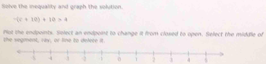 Solve the inequality and graph the solution.
-(c+10)+10>4
Plot the endpoints. Solect an endpoint to change it from closed to open. Select the middle of 
the segment, ray, or line to delete it.
2 3 4