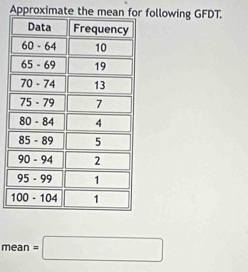 Approximate the mefollowing GFDT.
mean=□