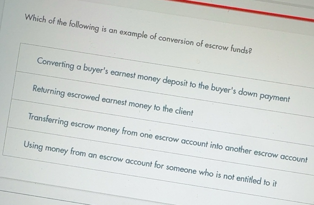 Solved: Which of the following is an example of conversion of escrow ...