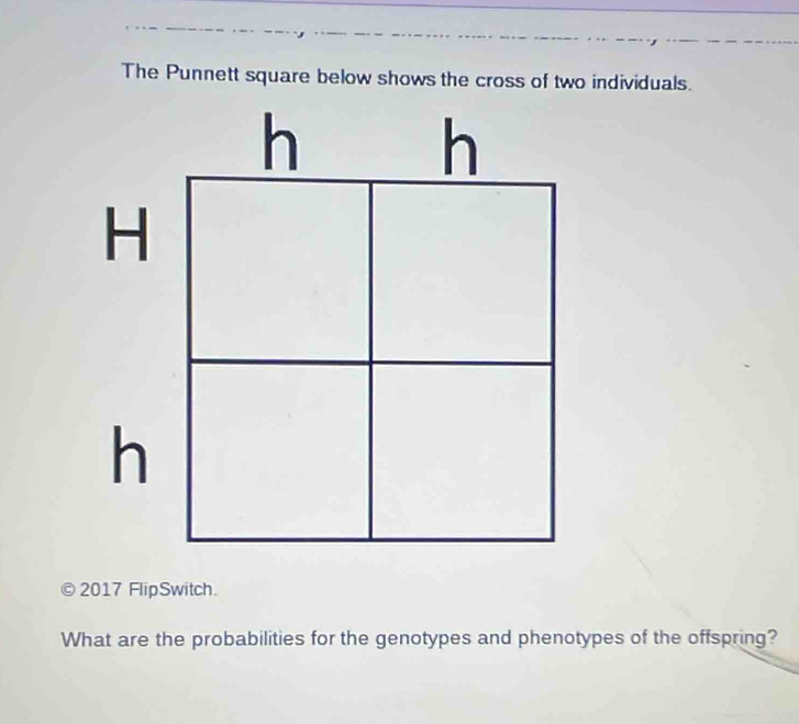 The Punnett square below shows the cross of two individuals. 
2017 FlipSwitch. 
What are the probabilities for the genotypes and phenotypes of the offspring?