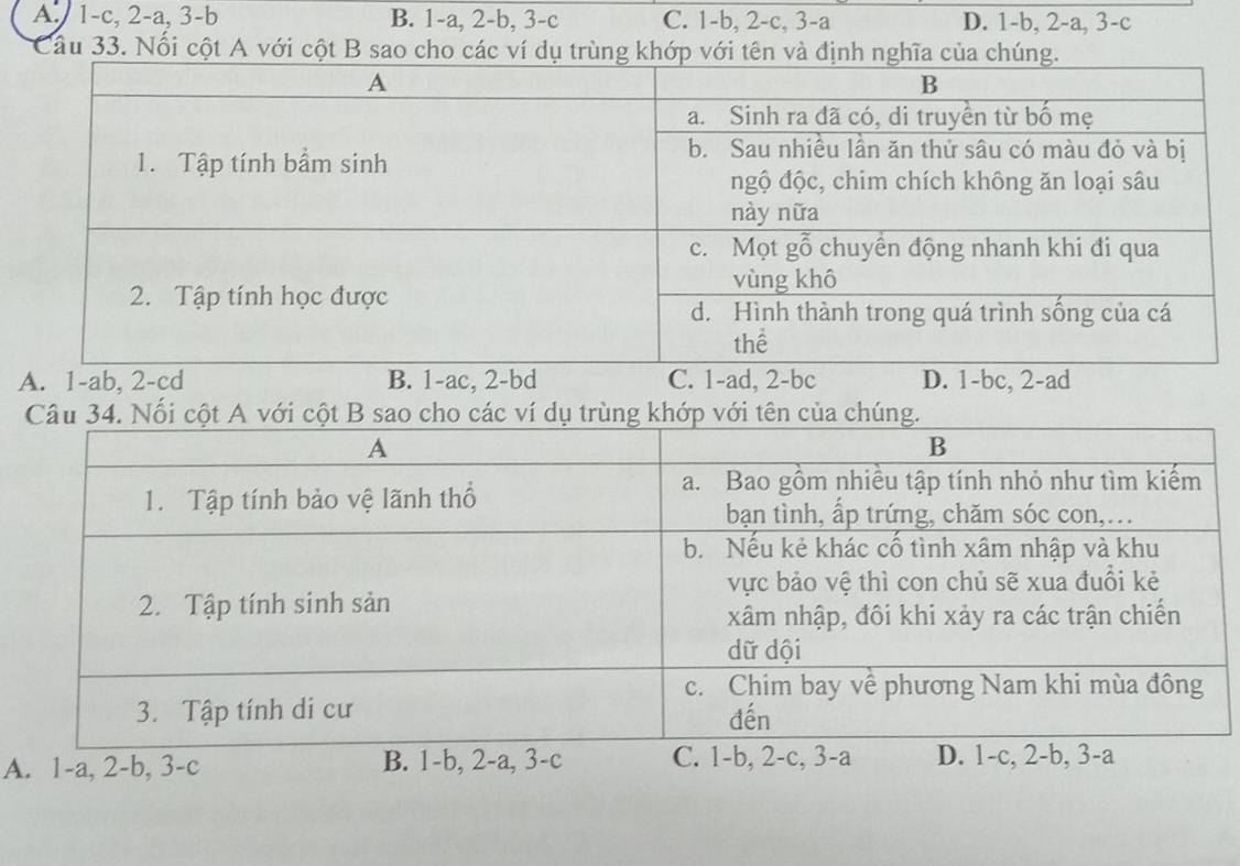 A. 1-c, 2-a, 3-b B. 1-a, 2-b, 3-c C. 1-b, 2-c, 3-a D. 1-b, 2-a, 3-c
Câu 33. Nổi cột A với cột B sao cho các ví dụ trùng khớp vớn vàh
A. 1-ab, 2-cd B. 1-ac, 2-bd ad, 2-bc D. 1-bc, 2-ad
A