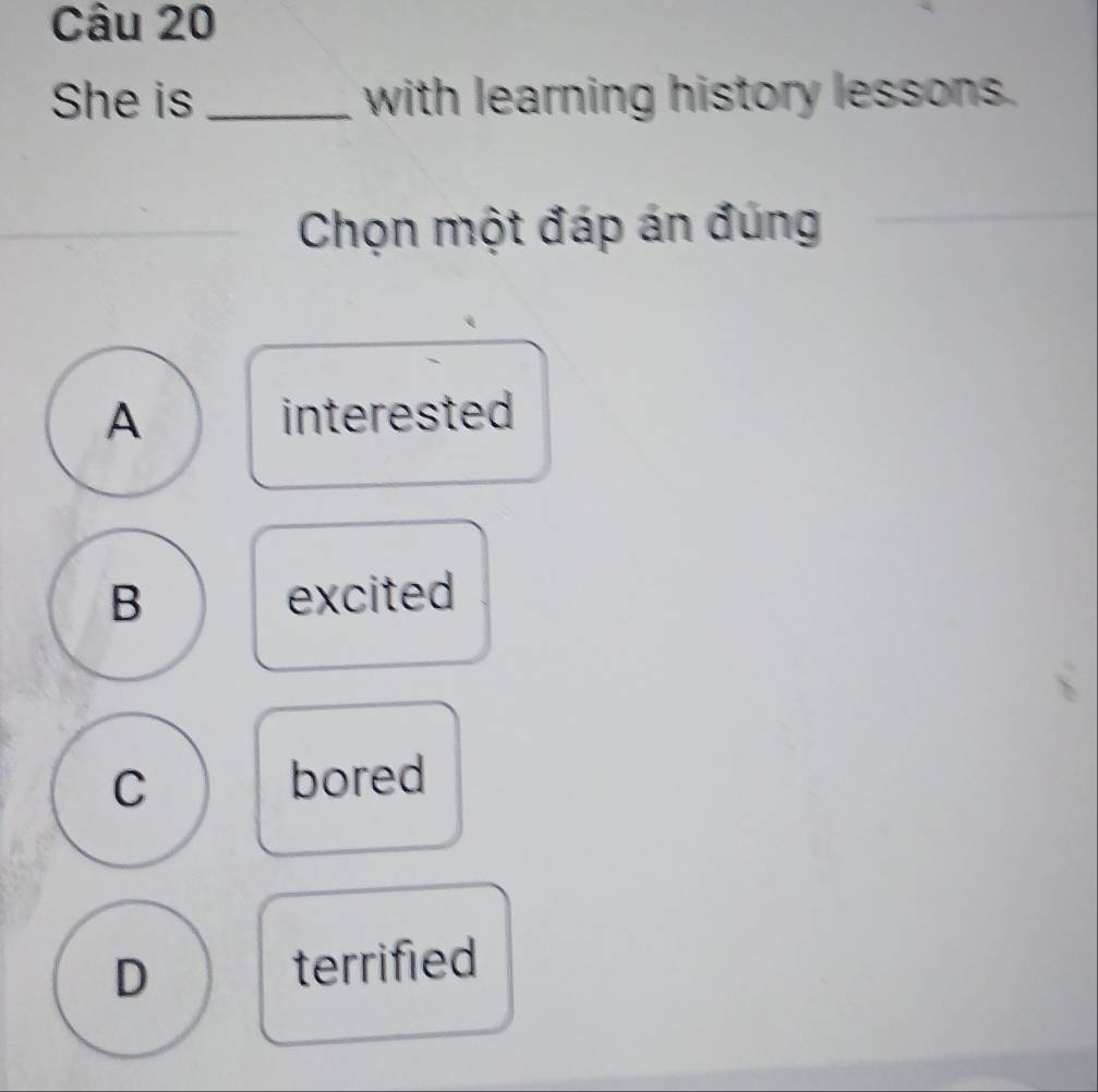 She is _with learning history lessons.
Chọn một đáp án đúng
A interested
B excited
C
bored
D terrified