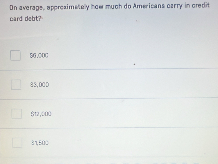 On average, approximately how much do Americans carry in credit
card debt?
$6,000
$3,000
$12,000
$1,500