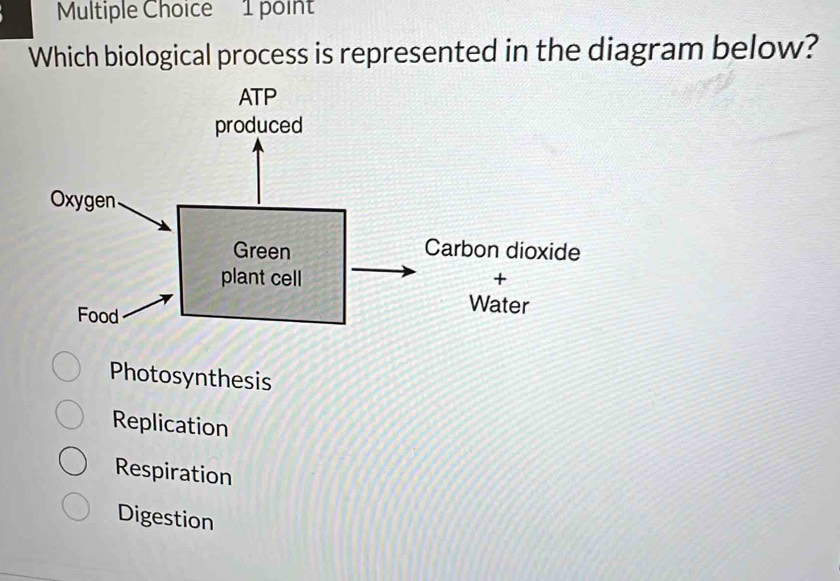 Which biological process is represented in the diagram below?
Photosynthesis
Replication
Respiration
Digestion