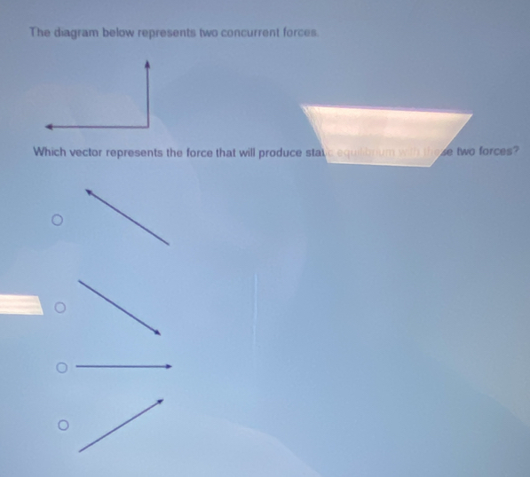 The diagram below represents two concurrent forces. 
Which vector represents the force that will produce static equilibrium with those two forces?