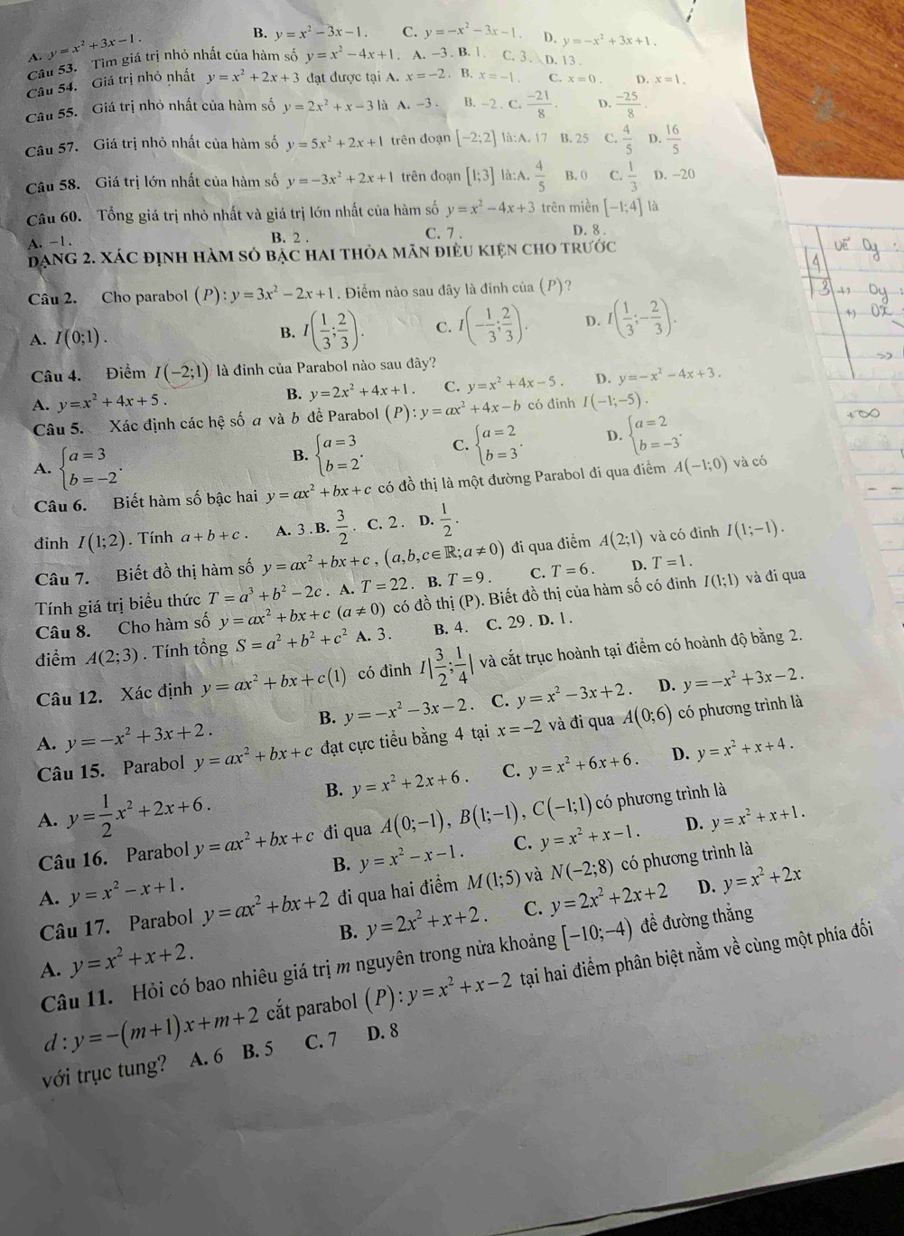 B. y=x^2-3x-1. C. y=-x^2-3x-1. D. y=-x^2+3x+1.
A. y=x^2+3x-1.. A. -3 . B. | C.3. D. 13 
Câu 53. Tìm giá trị nhỏ nhất của hàm số y=x^2-4x+1
Câu 54. Giả trị nhỏ nhất y=x^2+2x+3 đạt được tại A. x=-2. B. x=-1. C. x=0. D. x=1.
Câu 55. Giá trị nhỏ nhất của hàm số y=2x^2+x-3 là A. -3 . B. -2 . C.  (-21)/8 . D.  (-25)/8 .
Câu 57.  Giá trị nhỏ nhất của hàm số y=5x^2+2x+1 trên đoạn [-2;2] là:A. 17 B. 25 C.  4/5  4  16/5 
Câu 58. Giá trị lớn nhất của hàm số y=-3x^2+2x+1 trên đoạn [1;3] là:A.  4/5  B. 0  1/3  D. -20
Câu 60. Tổng giá trị nhỏ nhất và giá trị lớn nhất của hàm số y=x^2-4x+3 trên miền [-1;4] là
A. -1.
B. 2 . C. 7 . D. 8 .
đạnG 2. XÁC đỊnh hàM sỏ bạc hai thỏa mãn điều kiện chO trước
Câu 2. Cho parabol (P):y=3x^2-2x+1. Điểm nào sau đây là đinh của (P)?
A. I(0;1). B. I( 1/3 ; 2/3 ). C. I(- 1/3 ; 2/3 ). D. I( 1/3 ;- 2/3 ).
Câu 4. Điểm I(-2;1) là đỉnh của Parabol nào sau đây?
A. y=x^2+4x+5. B. y=2x^2+4x+1. C. y=x^2+4x-5. D. y=-x^2-4x+3.
Câu 5. Xác định các hệ số a và b để Parabol (P):y=ax^2+4x-b có đinh I(-1;-5).
A. beginarrayl a=3 b=-2endarray. .
B. beginarrayl a=3 b=2endarray. . C. beginarrayl a=2 b=3endarray. . D. beginarrayl a=2 b=-3endarray. .
Câu 6. Biết hàm số bậc hai y=ax^2+bx+c có đồ thị là một đường Parabol đi qua điểm A(-1;0) và có
đinh I(1;2). Tính a+b+c. A. 3 B.  3/2 . C. 2 . D.  1/2 .
Câu 7. Biết đồ thị hàm số y=ax^2+bx+c,(a,b,c∈ R;a!= 0) đi qua điểm A(2;1) và có đinh I(1;-1).
Tính giá trị biểu thức T=a^3+b^2-2c. A. T=22. B. T=9. C. T=6. D. T=1.
Câu 8. Cho hàm số y=ax^2+bx+c(a!= 0) có đồ thị (P). Biết đồ thị của hàm số có đinh I(1;1) và đi qua
điểm A(2;3). Tính tổng S=a^2+b^2+c^2 A. 3. B. 4. C. 29 . D. 1 .
Câu 12. Xác định y=ax^2+bx+c(1) có đinh I| 3/2 ; 1/4 | và cắt trục hoành tại điểm có hoành độ bằng 2.
B. y=-x^2-3x-2 C. y=x^2-3x+2 D. y=-x^2+3x-2.
Câu 15. Parabol y=ax^2+bx+c đạt cực tiểu bằng 4 tại x=-2 và đi qua A(0;6) có phương trình là
A. y=-x^2+3x+2.
B. y=x^2+2x+6. C. y=x^2+6x+6. D. y=x^2+x+4.
A. y= 1/2 x^2+2x+6. A(0;-1),B(1;-1),C(-1;1) C. y=x^2+x-1. D. y=x^2+x+1.
Câu 16. Parabol y=ax^2+bx+c đi qua có phương trình là
B. y=x^2-x-1.
A. y=x^2-x+1. y=ax^2+bx+2 đi qua hai điểm M(1;5) và N(-2;8) có phương trình là
D. y=x^2+2x
Câu 17. Parabol
C.
A. y=x^2+x+2. B. y=2x^2+x+2. y=2x^2+2x+2
Câu 11. Hỏi có bao nhiêu giá trị m nguyên trong nửa khoảng [-10;-4) đề đường thắng
d:y=-(m+1)x+m+2 cắt parabol (P):y=x^2+x-2 tại hai điểm phân biệt nằm về cùng một phía đối
với trục tung?  A. 6 B. 5 C. 7 D. 8