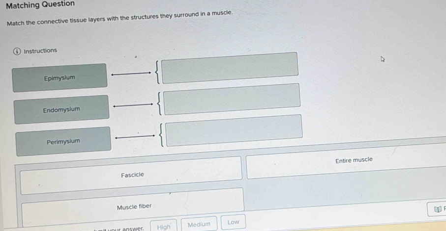 Matching Question
Match the connective tissue layers with the structures they surround in a muscle.
) Instructions
Epimysium
Endomysium
Perimysium
Entire muscle
Fascicle
Muscle fiber
High Medium Low