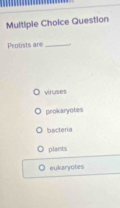 Question
Protists are_
viruses
prokaryotes
bacteria
plants
eukaryotes