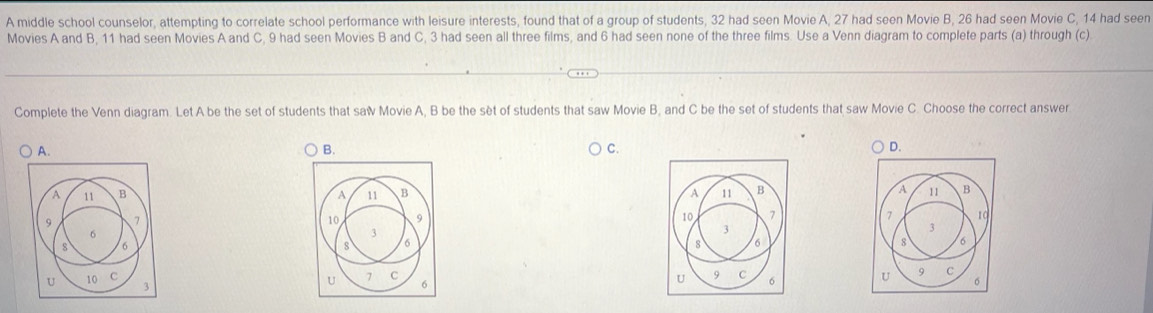 A middle school counselor, attempting to correlate school performance with leisure interests, found that of a group of students, 32 had seen Movie A, 27 had seen Movie B, 26 had seen Movie C, 14 had seen
Movies A and B, 11 had seen Movies A and C, 9 had seen Movies B and C, 3 had seen all three films, and 6 had seen none of the three films. Use a Venn diagram to complete parts (a) through (c).
Complete the Venn diagram. Let A be the set of students that saw Movie A, B be the sèt of students that saw Movie B, and C be the set of students that saw Movie C. Choose the correct answer
A.
B.
C.
D.