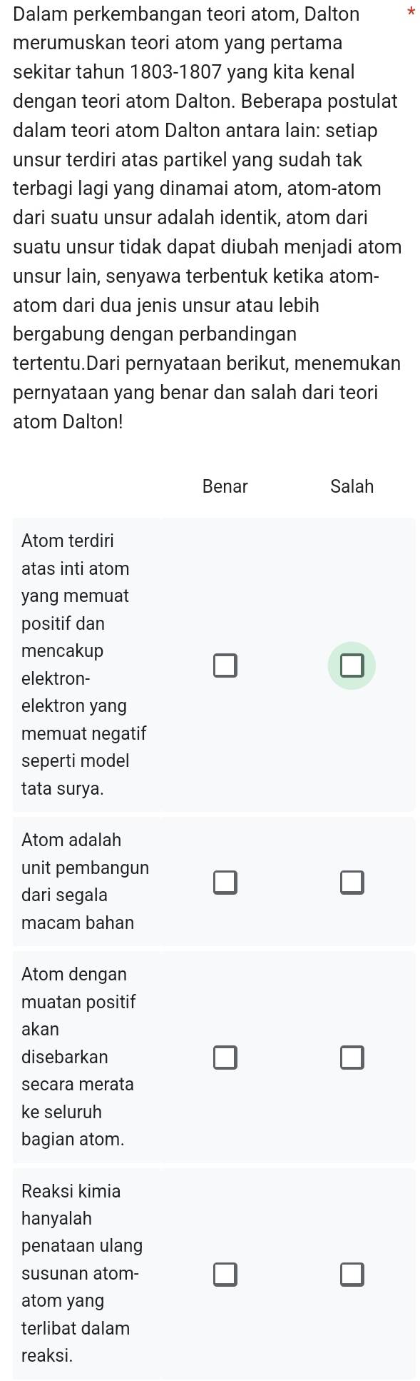 Dalam perkembangan teori atom, Dalton
merumuskan teori atom yang pertama
sekitar tahun 1803-1807 yang kita kenal
dengan teori atom Dalton. Beberapa postulat
dalam teori atom Dalton antara lain: setiap
unsur terdiri atas partikel yang sudah tak
terbagi lagi yang dinamai atom, atom-atom
dari suatu unsur adalah identik, atom dari
suatu unsur tidak dapat diubah menjadi atom
unsur lain, senyawa terbentuk ketika atom-
atom dari dua jenis unsur atau lebih
bergabung dengan perbandingan
tertentu.Dari pernyataan berikut, menemukan
pernyataan yang benar dan salah dari teori
atom Dalton!
Benar Salah
Atom terdiri
atas inti atom
yang memuat
positif dan
mencakup
elektron-
elektron yang
memuat negatif
seperti model
tata surya.
Atom adalah
unit pembangun
dari segala
macam bahan
Atom dengan
muatan positif
akan
disebarkan
secara merata
ke seluruh
bagian atom.
Reaksi kimia
hanyalah
penataan ulang
susunan atom-
atom yang
terlibat dalam
reaksi.