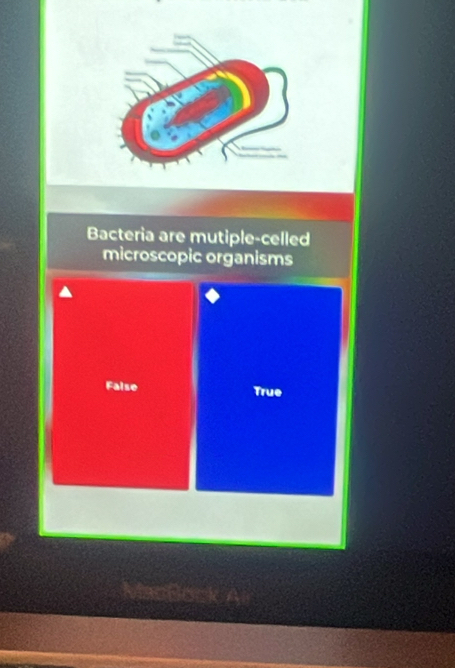 Bacteria are mutiple-celled
microscopic organisms
False True