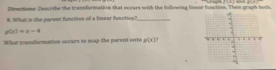 Graph f(x) and g(x)^circ 
Directions: Describe the transformation that occurs with the following linear function. Then graph boch 
9. What is the parent function of a linear function?_
g(x)=x-4
Wan conformution occurs to map the parent onto g(x) ?