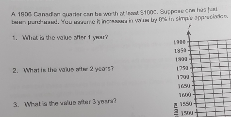 A 1906 Canadian quarter can be worth at least $1000. Suppose one has just 
been purchased. You assume it increases in value by 8% in simple appreciation. 
1. What is the value after 1 year? 
2. What is the value after 2 years? 
3. What is the value after 3 years?
1500