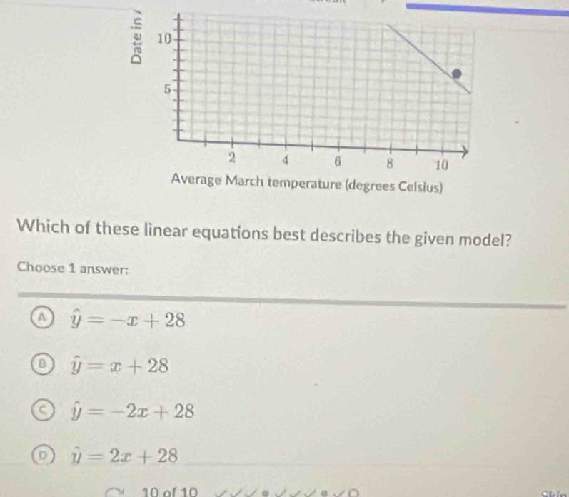 Which of these linear equations best describes the given model?
Choose 1 answer:
a hat y=-x+28
hat y=x+28
hat y=-2x+28
hat y=2x+28
10 of 10