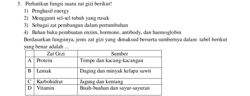 Perhatikan fungsi suatu zat gizi berikut! 
1) Penghasil energy 
2) Mengganti sel-sel tubuh yang rusak 
3) Sebagai zat pembangun dalam pertumbuhan 
4) Bahan baku pembuatan enzim, hormone, antibody, dan haemoglobin 
Berdasarkan fungsinya, jenis zat gizi yang dimaksud berserta sumbernya dalam tabel berikut 
g benar adalah ...