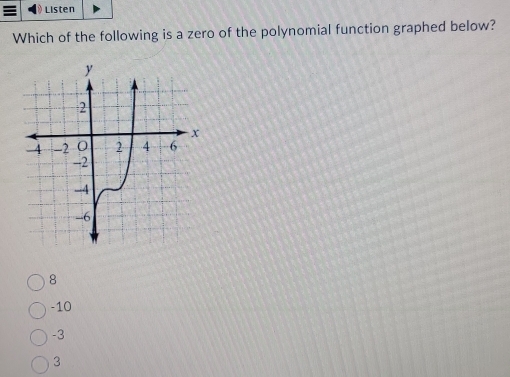 Listen
Which of the following is a zero of the polynomial function graphed below?
8
-10
-3
3