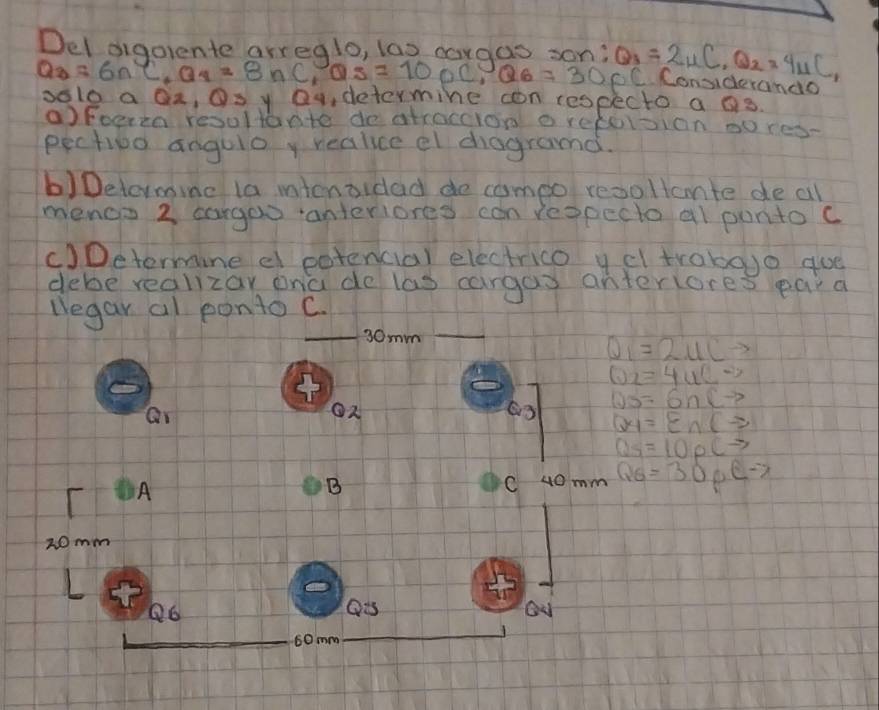 Del oigoiente arreglo, las cargas son: Q_3=2mu C_1Q_2=4mu C_1
Q_3=6nC_1Q_4=8nC_1Q_5=100C_1 Q6=30 C. Considerando 
solo a Qa, Os y Q4, determine con respecto a as 
a)Fcerta resultante de atraccion o reforsion gores- 
pectibo angulo y realice el chagramnd. 
b) Detormine la intensidad de compo reoollante de al 
menco 2 eargoo anteriores can respecto al ponto c
()Determine e potencial electrico y e trabojo gue 
debe realizay ona de las cargas anteriores par a 
Degar al ponto C.
Q_1=2ucto
Q_2=4uLto
Qs=6nCto
Q4=E∩ Cto
Q_5=10PCto
Q_6=30plto