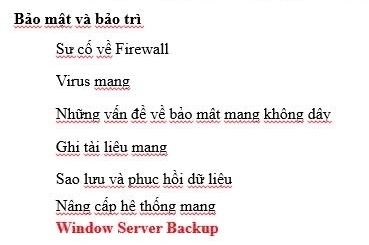 Bảo mật và bảo trì 
Sự cổ về Firewall 
Virus mang 
Những vấn đề về bảo mật mang không dây 
Ghi tài liệu mang 
Sao lưu và phục hồi dữ liệu 
Nâng cấp hệ thống mang 
Window Server Backup