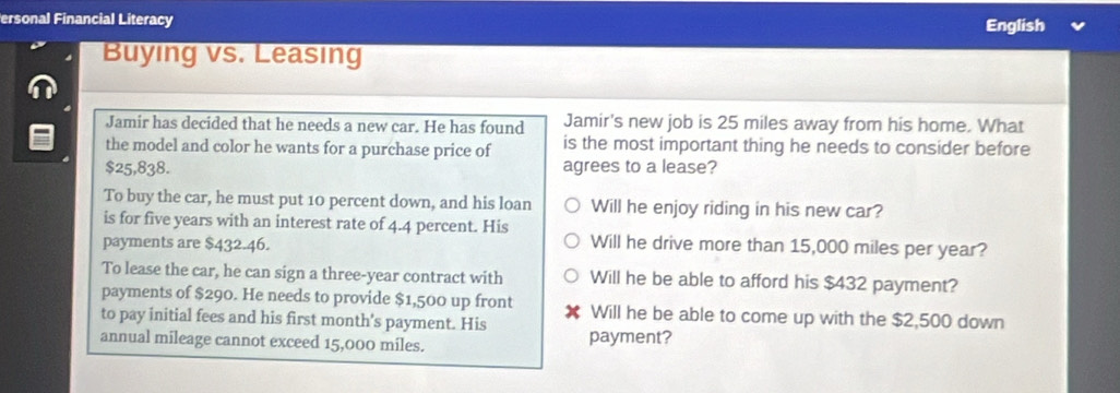 Solved: ersonal Financial Literacy English Buying vs. Leasing Jamir has ...