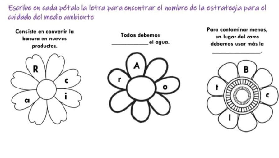 Escribe en cada pétalo la letra para encontrar el nombre de la estrategia para el 
cuidado del medio ambiente 
Cons iste en convertir la Para contaminar menos, 
Todos debemos 
basura en nuevos en lugar del carro 
_el agua. debemos usar más la 
_.