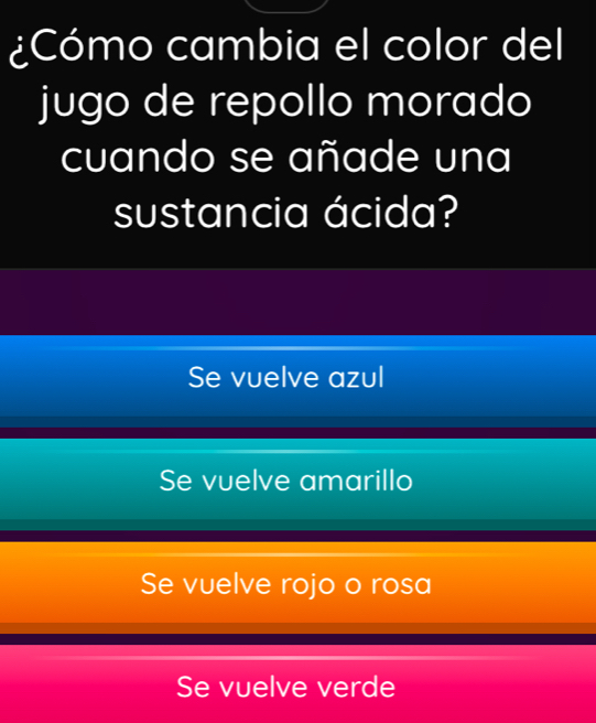 ¿Cómo cambia el color del
jugo de repollo morado
cuando se añade una
sustancia ácida?
Se vuelve azul
Se vuelve amarillo
Se vuelve rojo o rosa
Se vuelve verde