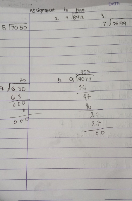 Assignment in Hath 
2. beginarrayr 4encloselongdiv 8412endarray 3.
5sqrt(7050)
beginarrayr 7encloselongdiv 3549endarray
beginarrayr frac 250 * 30^2frac 30frac - 670/1000  hline endarray 5. 
beginarrayr 35=frac 3/10 3frac -1  3/110 -frac 95- 1/2 - 16/5  - 2/10 endarray