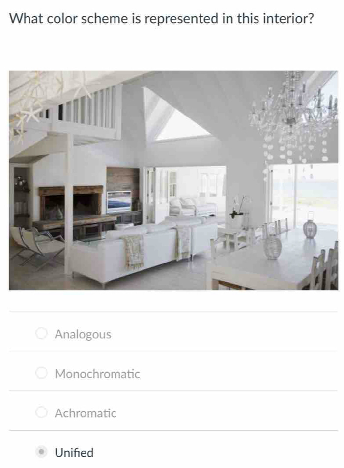 What color scheme is represented in this interior?
Analogous
Monochromatic
Achromatic
Unifed